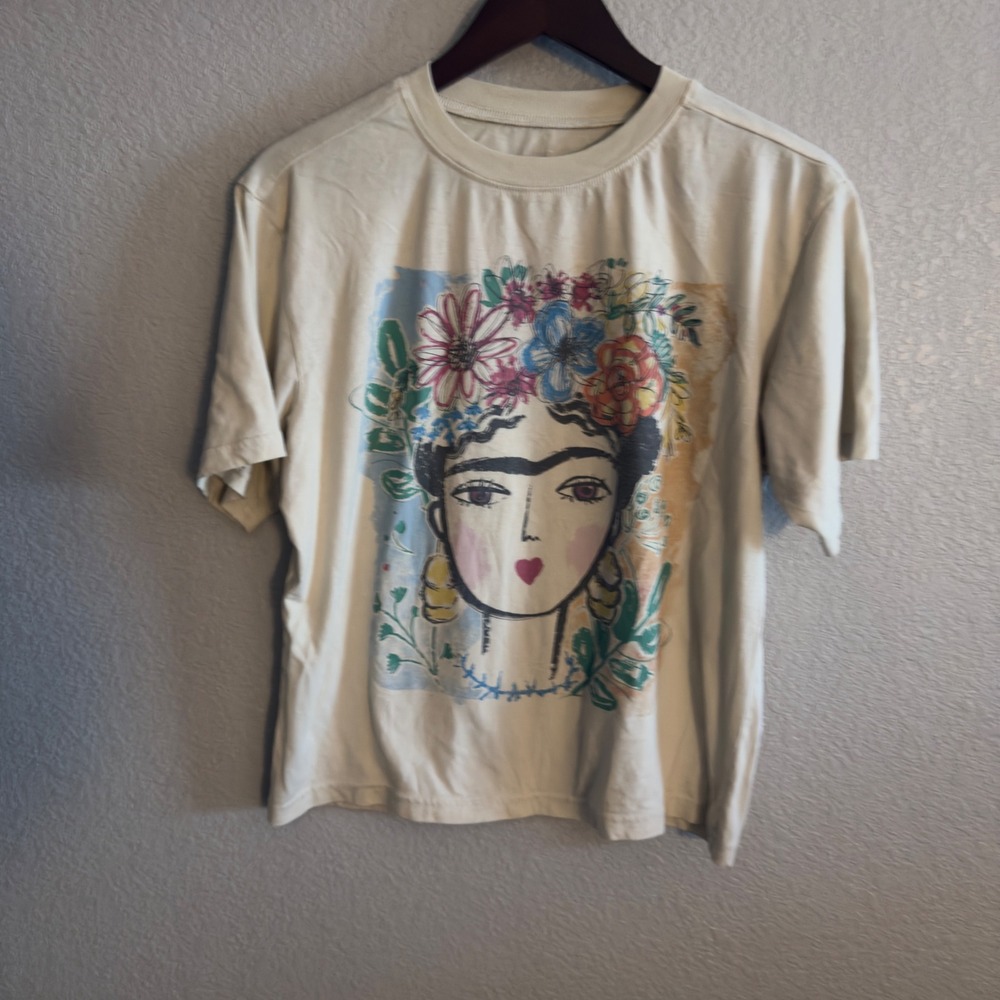 Lauren Moshi Frida Kahlo T Shirt Medium Floral Graphic Art Tee Ivory
